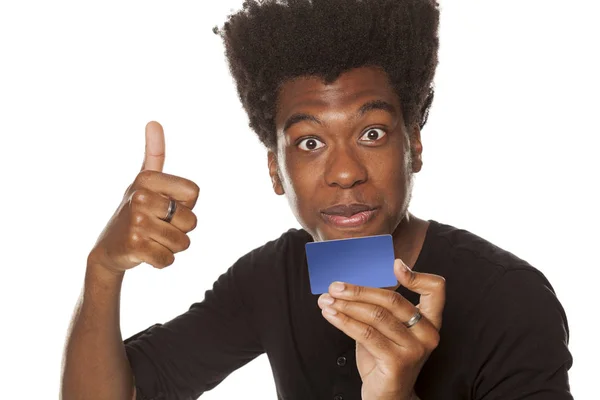 Smiling Positive Happy Young African American Guy Holding Credit Card — Stock Photo, Image