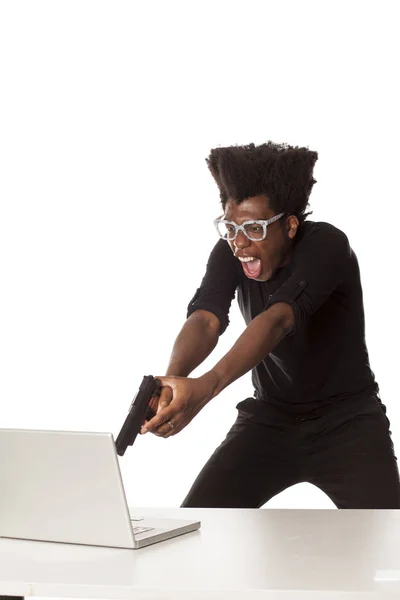 Angry Nervous Young African American Guy Pointing Gun His Laptop Royalty Free Stock Photos