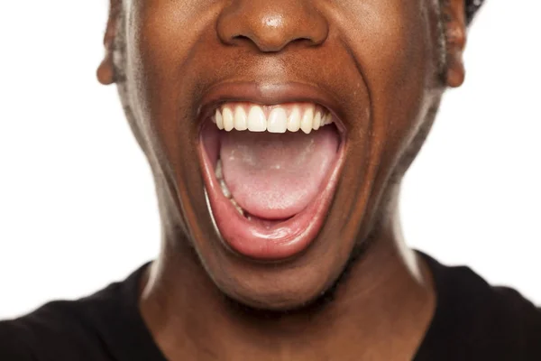 Close View Open Mouth Young Black African American Guy White — Stock Photo, Image