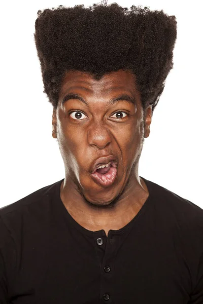 Young African American Man Making Funny Face White Background — Stock Photo, Image