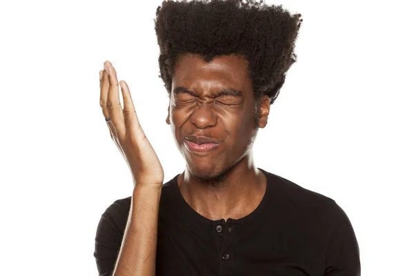 Portrait Young Worried African American Modern Man Slapping Himself Face — Stock Photo, Image