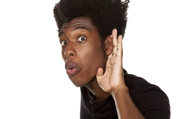 Portrait Young African American Modern Man Carefully Listening White Background — Stock Photo, Image