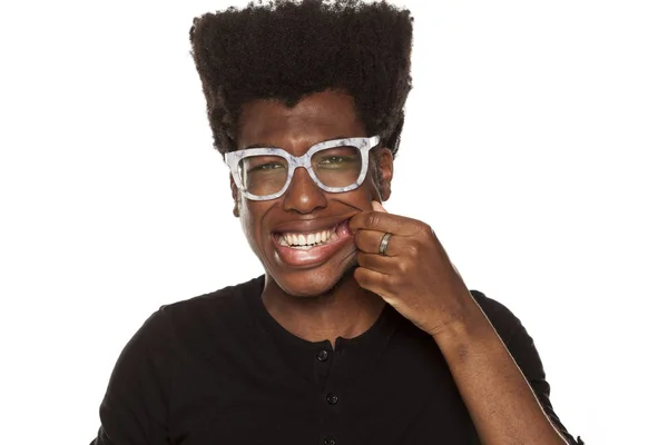 Retrato Jovem Afro Americano Com Dor Dente Fundo Branco — Fotografia de Stock