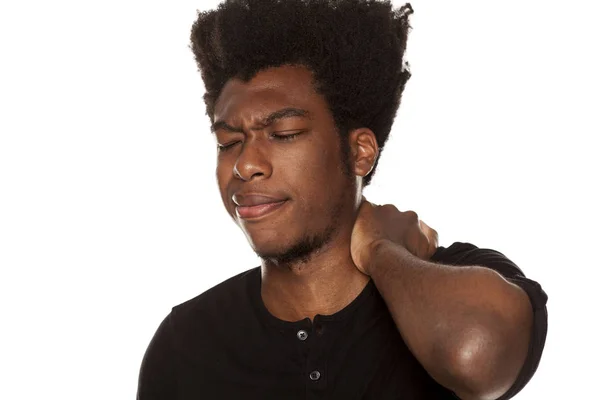 Retrato Jovem Afro Americano Com Dor Pescoço Fundo Branco — Fotografia de Stock