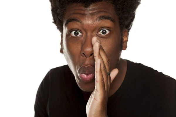 Young Handsome Afro American Hipster Guy Whispering Isolated White Background — Stock Photo, Image
