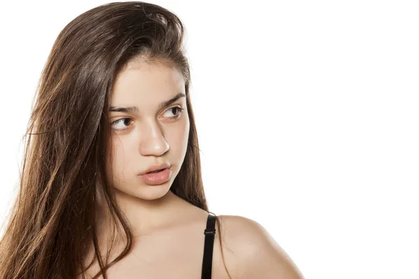 Portrait Brunette Teen Girl Makeup White Background — Stock Photo, Image