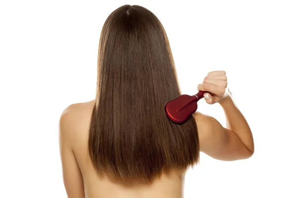 Back View Nude Young Woman Combing Her Long Hair White — Stock Photo, Image