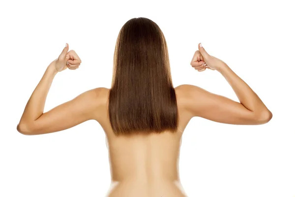 Back View Nude Young Woman Straight Long Hair Showing Thumbs — Stock Photo, Image