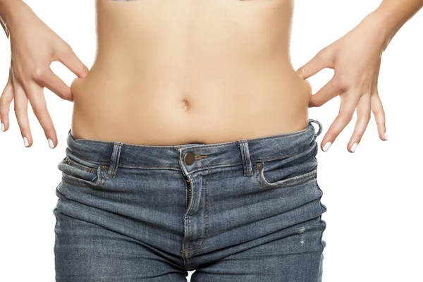 Young Woman Pinching Fat Her Waist White Background — Stock Photo, Image