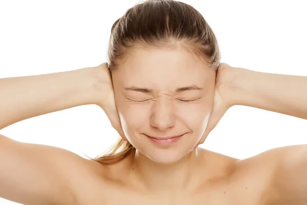 Young Girl Closed Eyes Covering Her Ears White Background — Stock Photo, Image