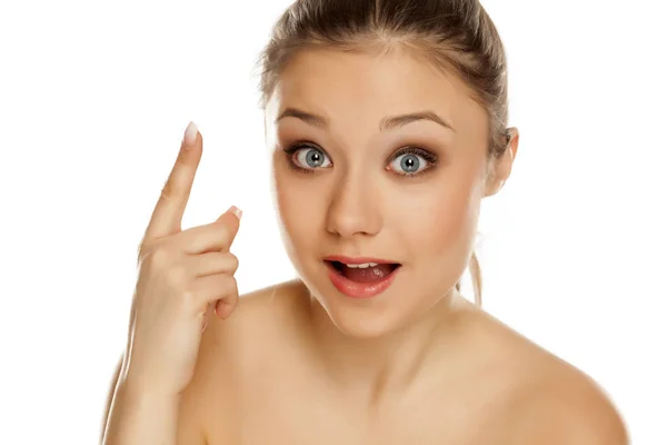 Young Happy Girl Having Idea Pointing Her Finger Upwards White — Stock Photo, Image