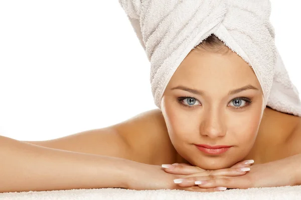 Young Girl Towel Her Head Posing White Background — Stock Photo, Image