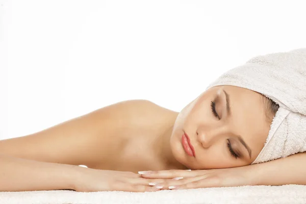 Young Girl Towel Her Head Posing White Background — Stock Photo, Image