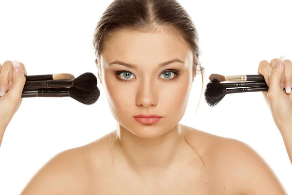 Young Girl Posing Makeup Brushes White Background — Stock Photo, Image