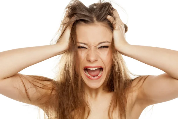 Nervous Young Girl Messy Hair Screaming White Background — Stock Photo, Image