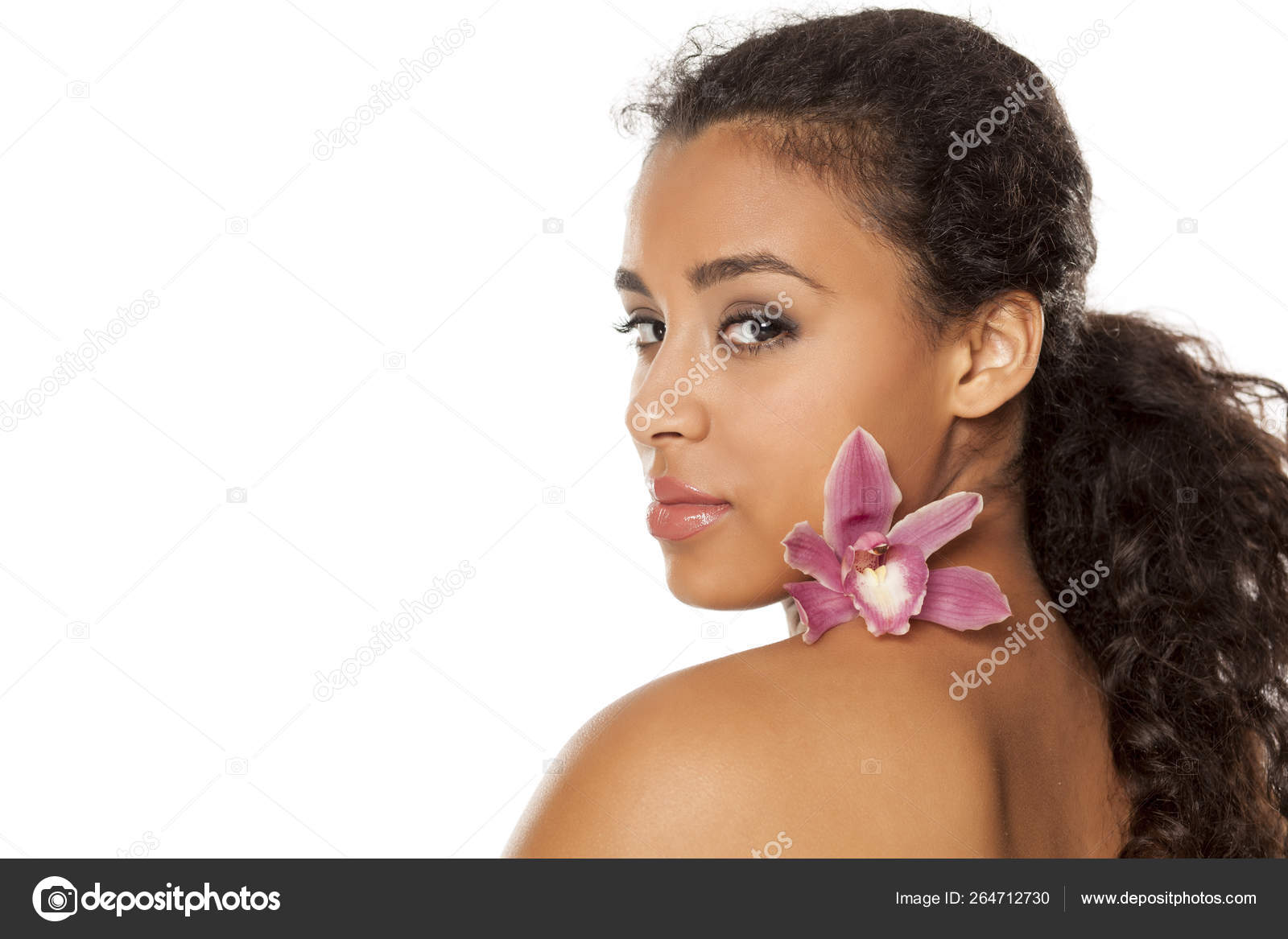 Portrait Young Beautiful Dark Skinned Woman Orchid White