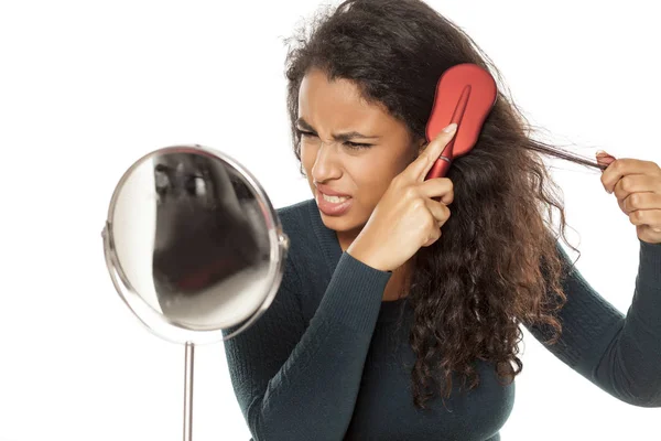 Portrait Young Dark Skinned Woman Long Hair Combing Problem White — Stock Photo, Image