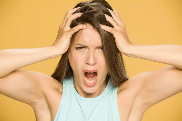 Young Mad Woman Screaming Yellow Background — Stock Photo, Image