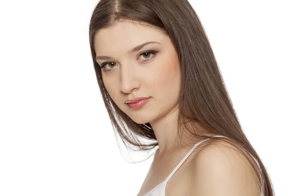 Portrét Mladé Krásné Ženy Make Upem Bílém Pozadí — Stock fotografie