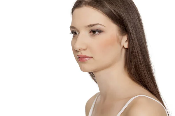 Retrato Jovem Mulher Bonita Com Maquiagem Backgeound Branco — Fotografia de Stock