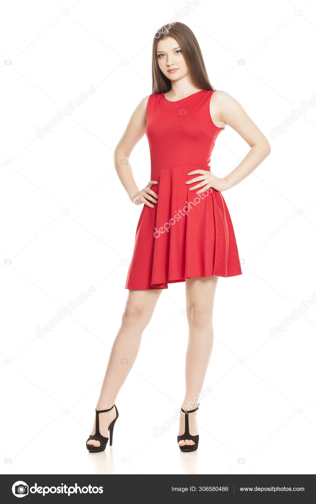 Young Woman Short Red Dress High Heels White Background Stock Photo by
