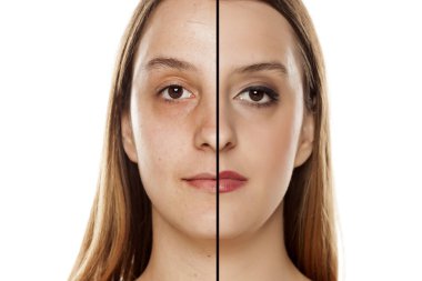 Makyajsız ve makyajsız bir kadının portresi.