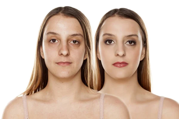 Retrato Comparativo Una Mujer Sin Con Maquillaje — Foto de Stock