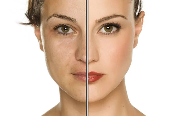 Comparison Portrait Woman Makeup Makeover Concept — Stock Photo, Image