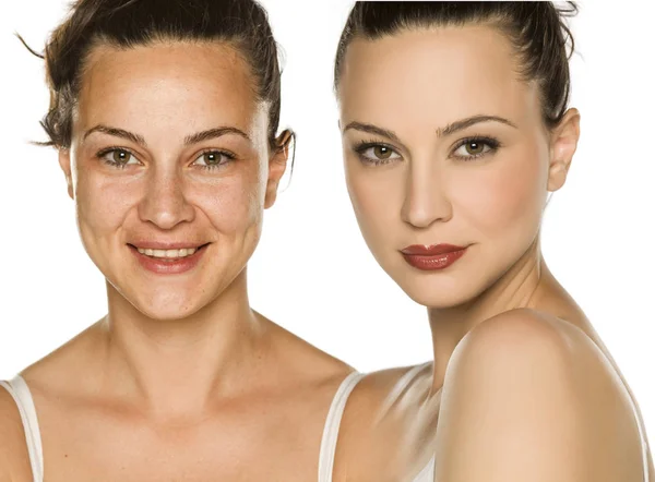 Retrato Comparativo Mujer Sin Con Maquillaje Concepto Cambio —  Fotos de Stock