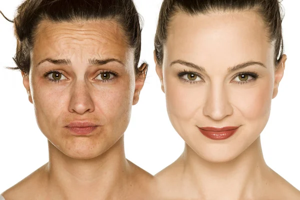 Srovnávací Portrét Ženy Bez Make Upu Přetvářecní Koncepce — Stock fotografie