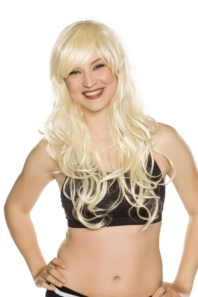 Young Beautiful Woman Posing Long Blond Wig White Background — Stock Photo, Image