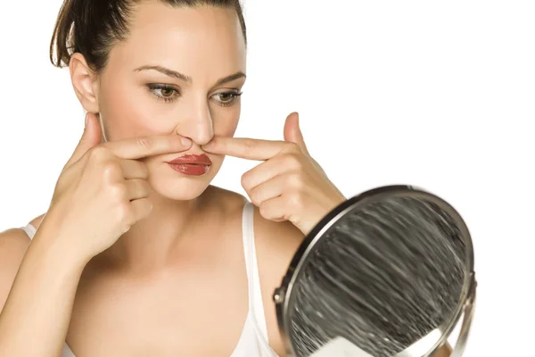 Young Woman Touching Her Lips Her Fingers White Background — Stock Photo, Image