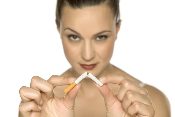 Young Woman Breaks Cigarette White Background — Stock Photo, Image