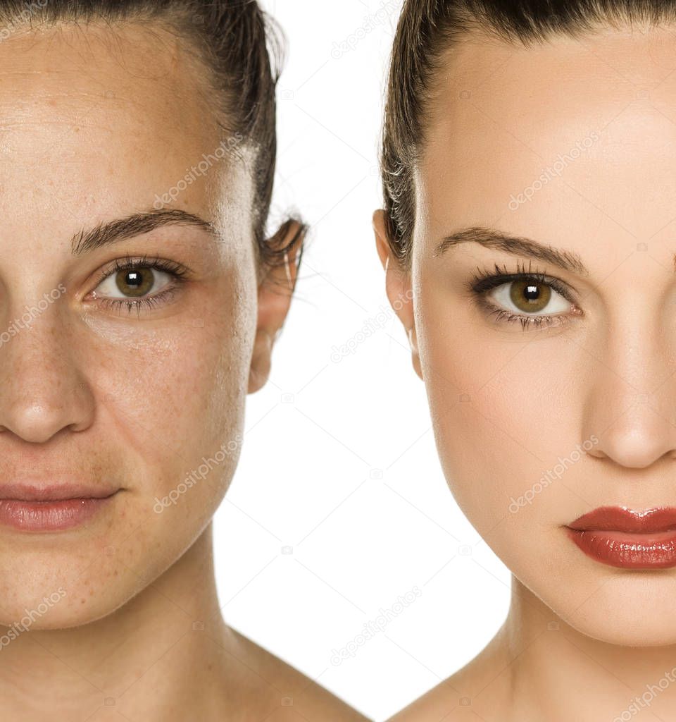 Comparison portrait of woman without and with makeup. Makeover concept.