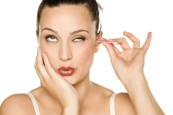 Young Funny Woman Cleans Her Ear Cotton Swab — Stock Photo, Image