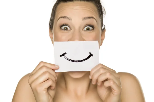 Young Happy Woman Drawn Smile Paper White Background — Stock Photo, Image