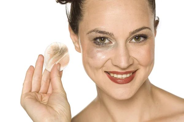 Young Happy Woman Cleans Her Face Cotton Pad White Background — Stock Photo, Image