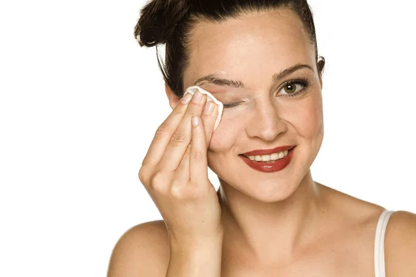 Young Happy Woman Cleans Her Face Cotton Pad White Background — Stock Photo, Image