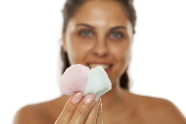 Woman Holds Two Cotton Balls Her Hands — Stock Photo, Image