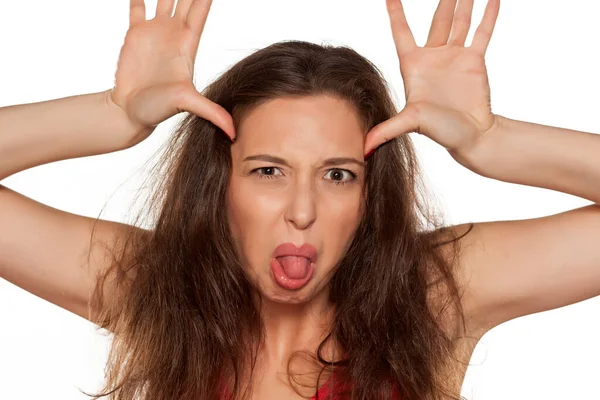 Portrait Nervous Young Woman Tongue Sticking Out — Stock Photo, Image