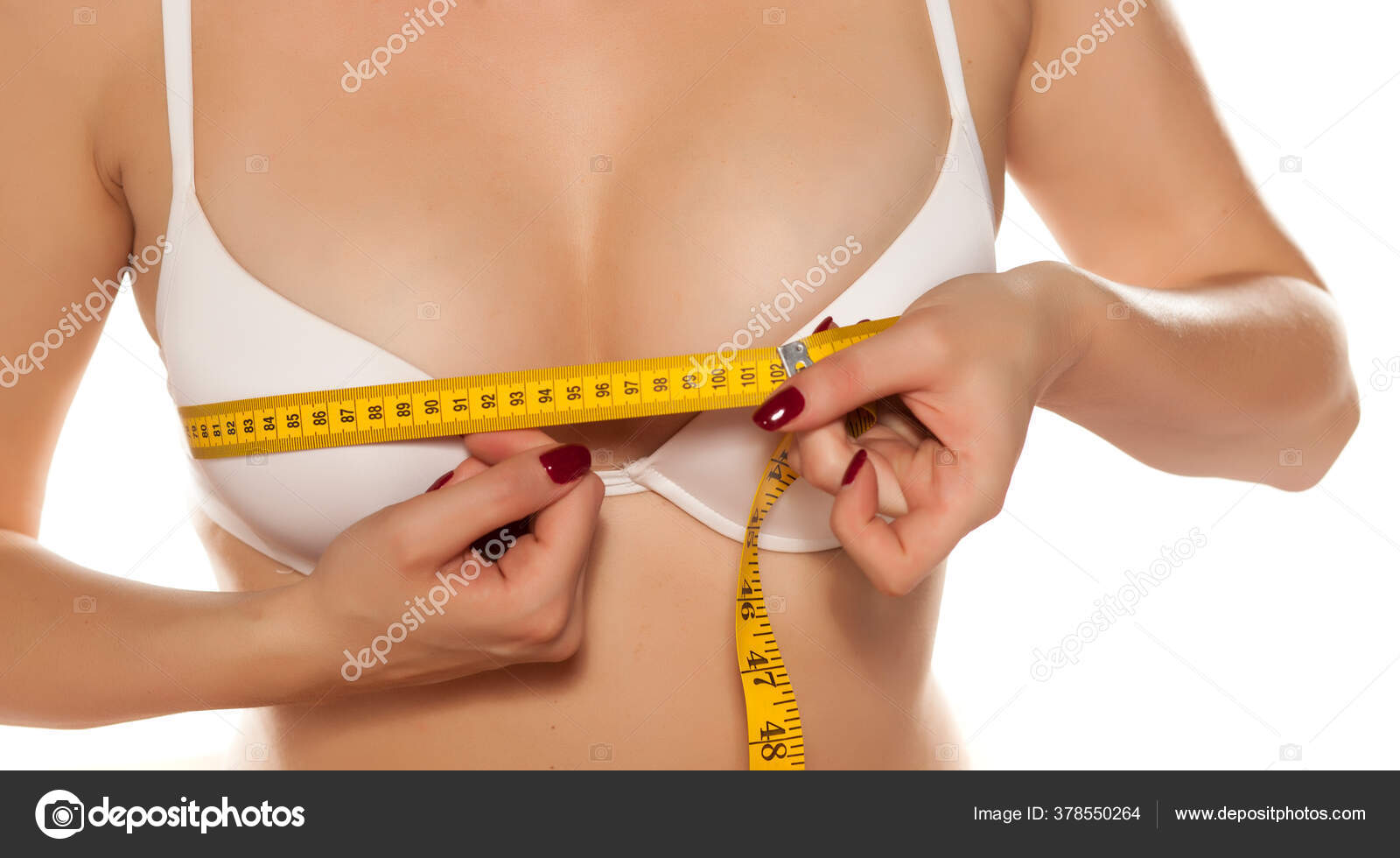 Woman Taking Her Bra Measurements Stock Photo 1038746869