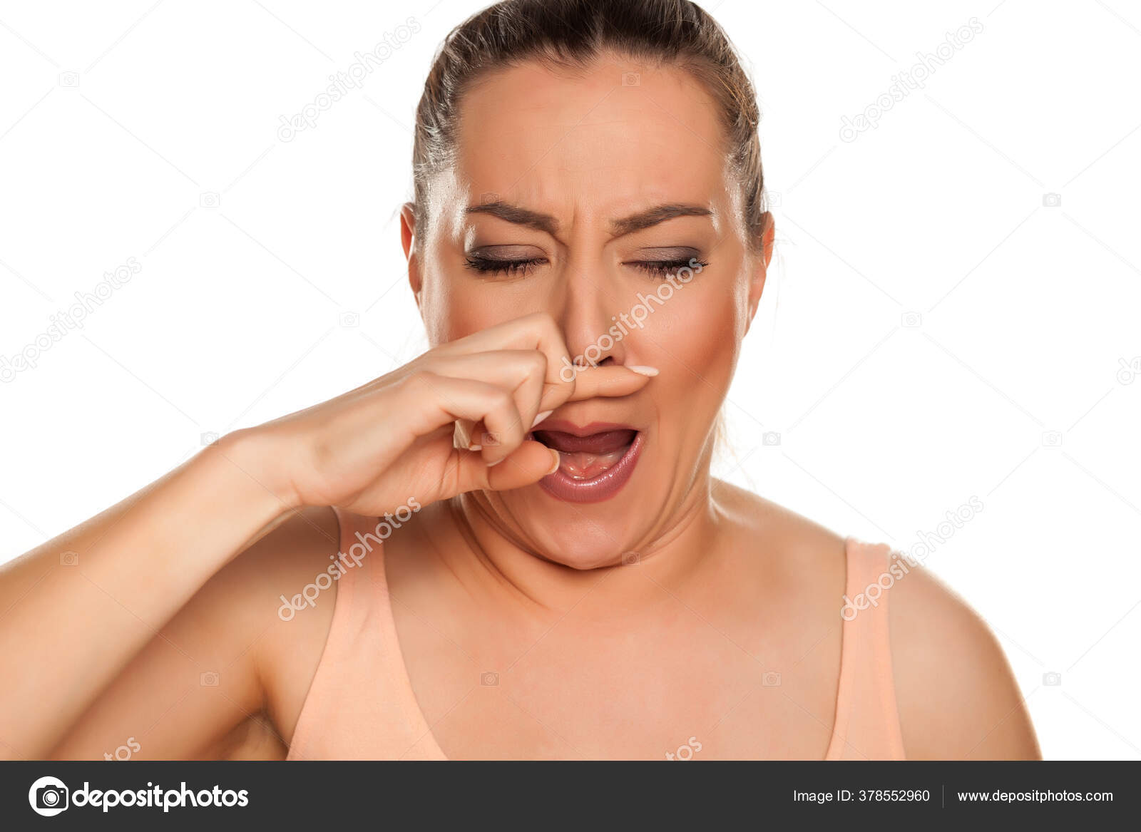 Young Woman Has Itching Nose White Background — Stock Photo ©