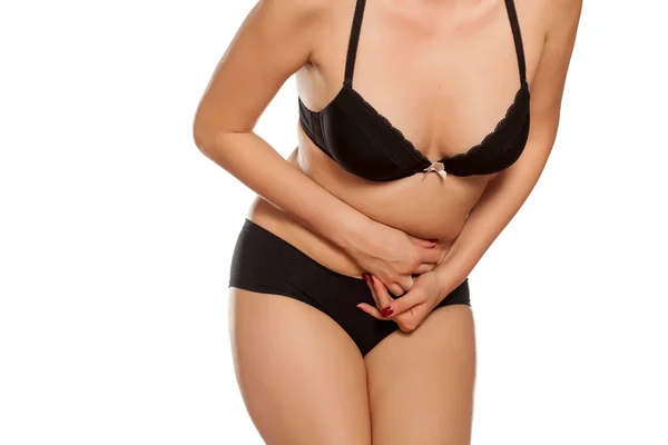 Frauen Unterwäsche Haben Bauchschmerzen — Stockfoto