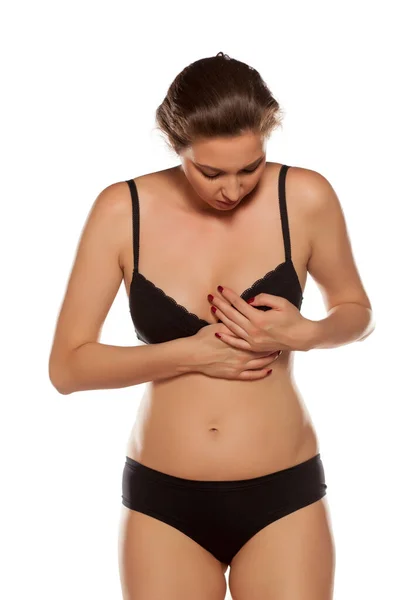 Frauen Unterwäsche Haben Schmerzen Ihren Brüsten — Stockfoto
