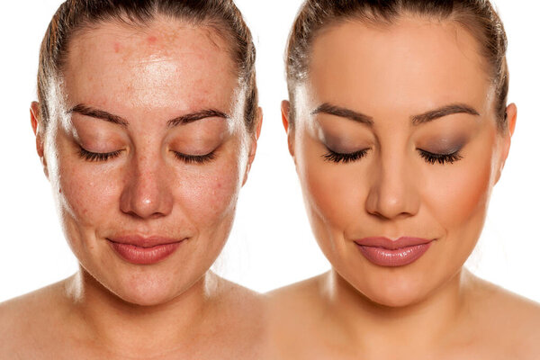 beautiful middle-aged woman without makeup on white background with closed eyes