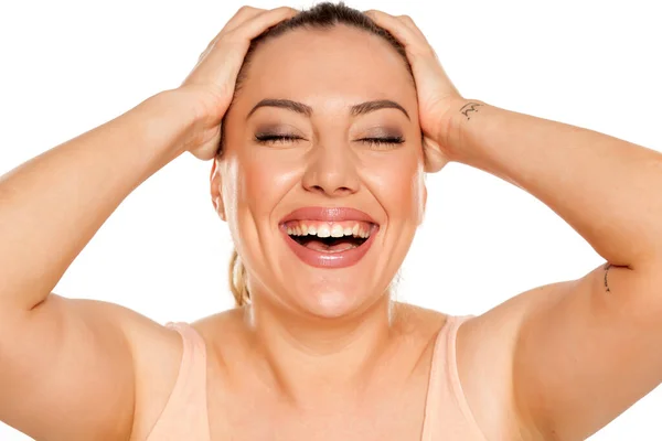 Portrait Beautiful Laughing Woman White Background — Stock Photo, Image