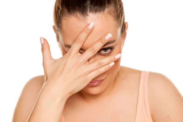 Portrait Young Beautiful Ashamed Woman White Backgeound — Stock Photo, Image