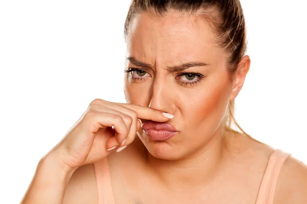Young Woman Has Itching Nose White Background — Stock Photo, Image