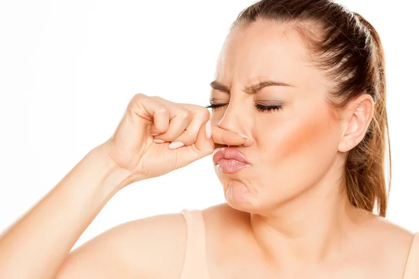 Young Woman Has Itching Nose White Background — Stock Photo, Image