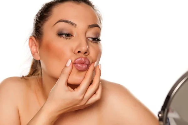 Portrait Beautiful Woman Checking Her Lips White Background — Stock Photo, Image